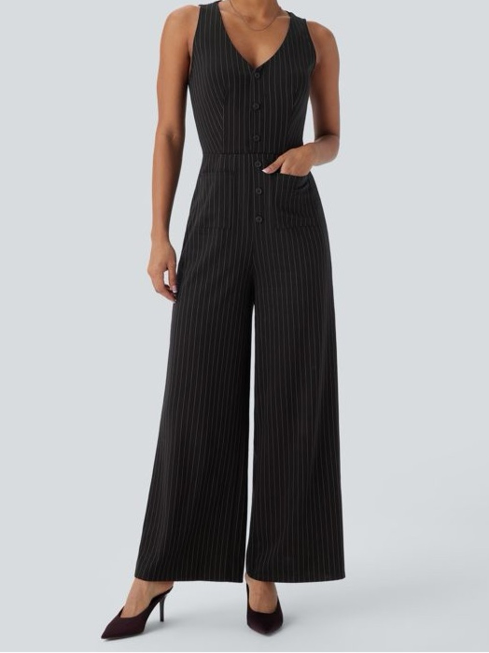 Halara Pinstripe Wide Leg Jumpsuit Black Brown V Neck Cutout M